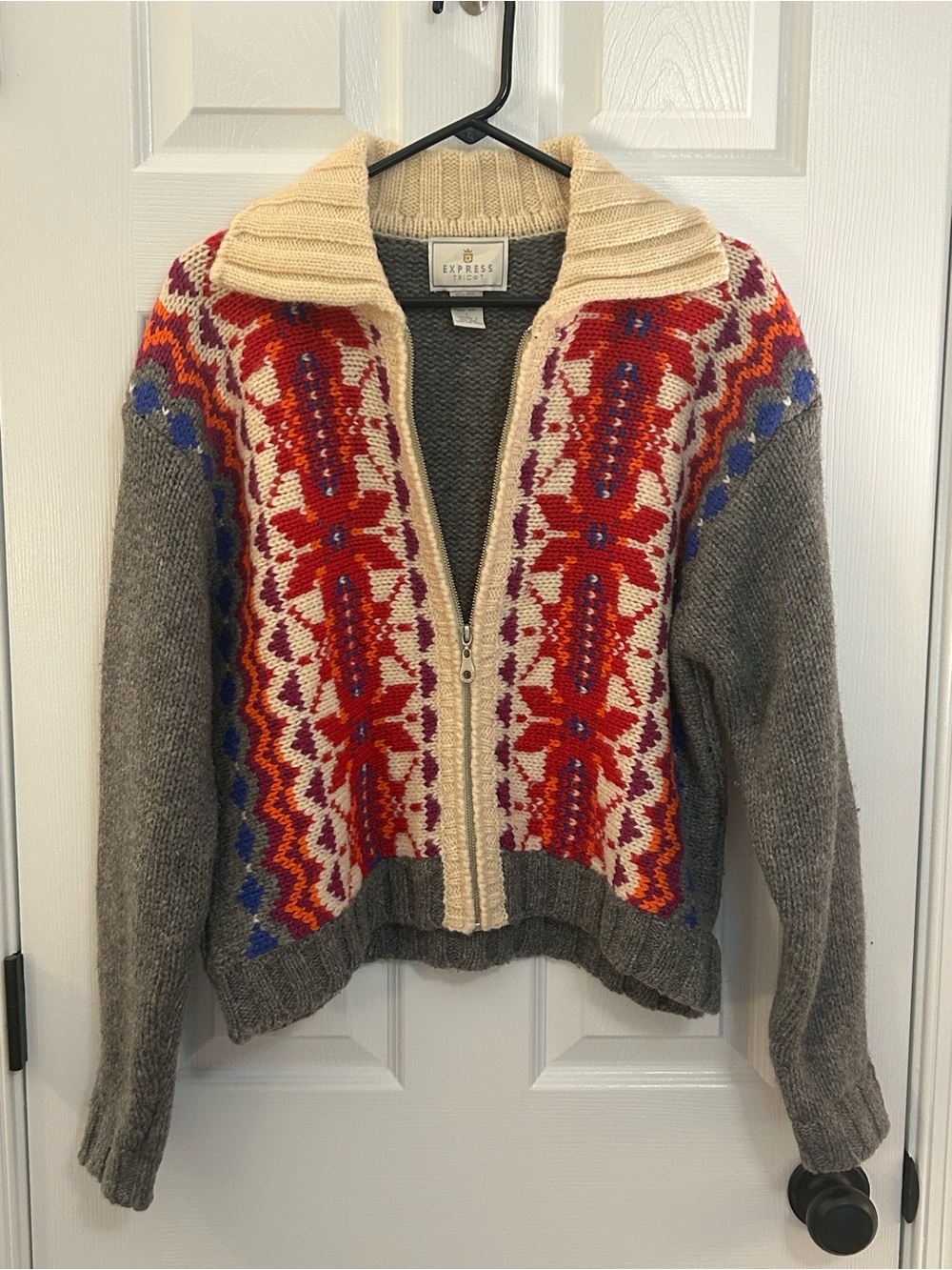 Vintage Express Tricot 100% Wool Fair Isle Zip Cardigan Sweater Large